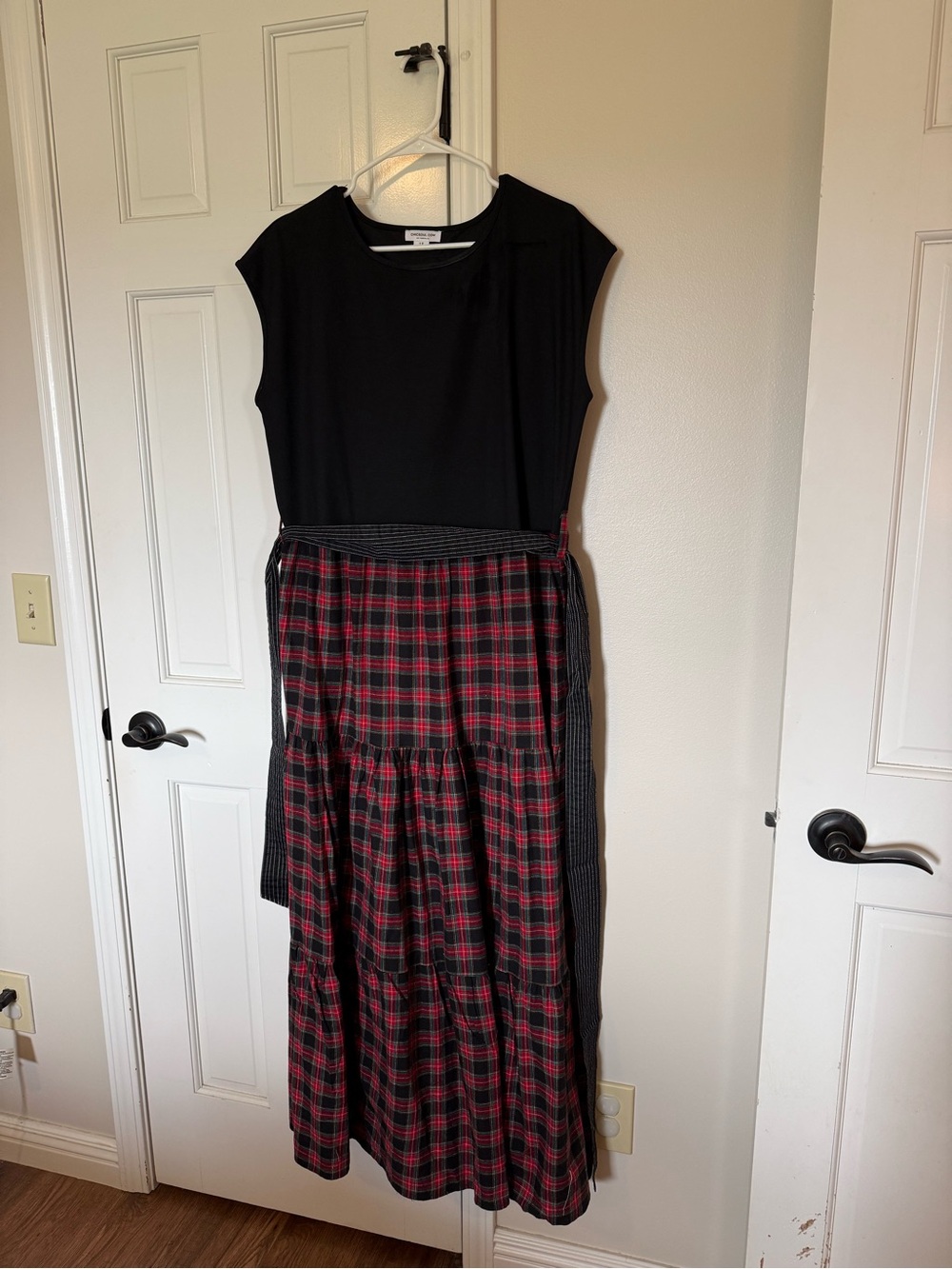 Chic Soul Black Top with Red Plaid Maxi Skirt